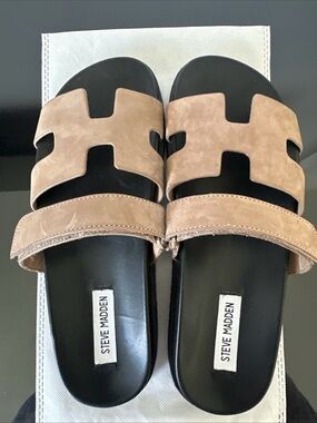 Steve Madden Tan Suede Slide Sandals with Black Footbed and Back Strap